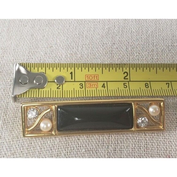 Brooch Pin - Signed Monet - Rectangle - Faux Pearls Rhinestones  Black Gold Tone - Picture 4 of 9